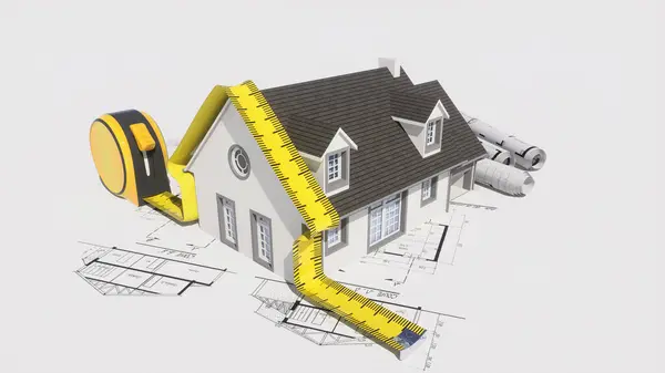 在建筑蓝图之上的古典式房屋的3D绘制 免版税图库图片