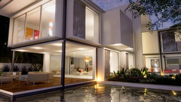 Darstellung Eines Modernen Luxuriösen Hauses Mit Pool lizenzfreie Stockfotos
