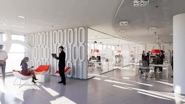 Rendering Eines Modernen Unternehmensbüros Mit Minimalem Zeitgenössischem Look Stockfoto