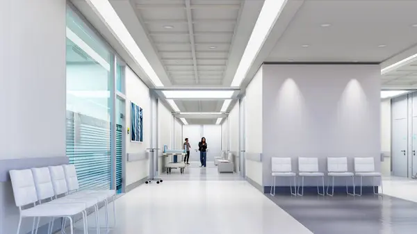 コピースペースがたくさんある病院の内部の3Dレンダリング ストック写真