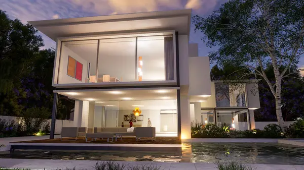 Darstellung Eines Modernen Luxuriösen Hauses Mit Pool Stockbild