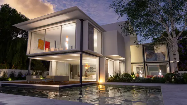 Darstellung Eines Modernen Luxuriösen Hauses Mit Pool Stockbild