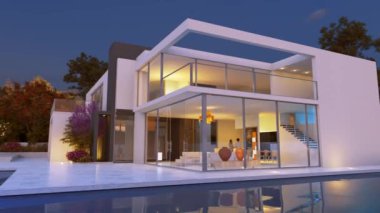 3D rendering animation of a modern luxurious house with pool