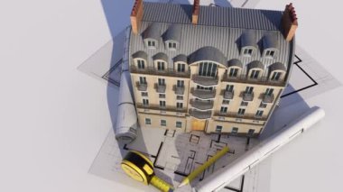 Mimarlık ve inşaat temaları için ideal, planların tepesindeki klasik bir Paris konut binasının 3D animasyonu