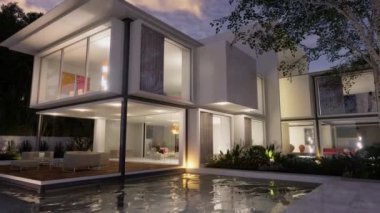 Havuzlu modern lüks bir evin 3 boyutlu canlandırması.
