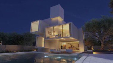 Havuzlu modern lüks bir evin 3 boyutlu canlandırması.