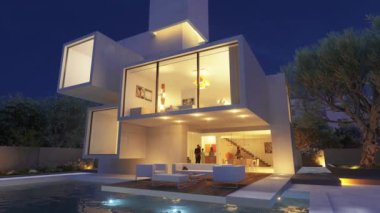 Havuzlu modern lüks bir evin 3 boyutlu canlandırması.