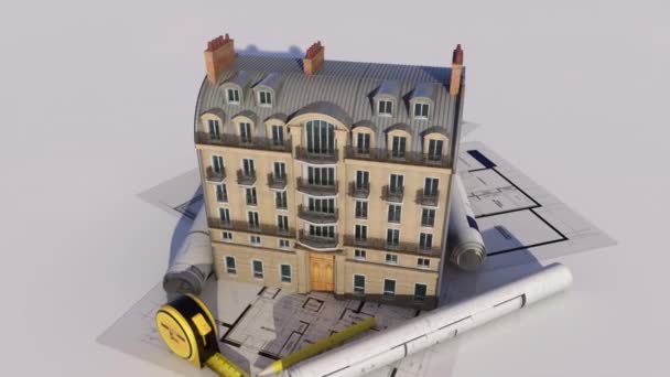 Animación Edificio Residencial Clásico Parisino Sobre Planos Ideal Para Temas — Vídeo de stock