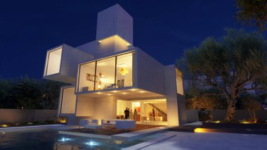 Alacakaranlıkta havuzlu modern lüks bir evin 3 boyutlu canlandırması