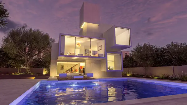 Rendering Eines Modernen Luxuriösen Hauses Mit Pool Der Dämmerung Stockbild