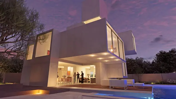 Renderização Uma Moderna Casa Luxo Com Piscina Crepúsculo Fotos De Bancos De Imagens
