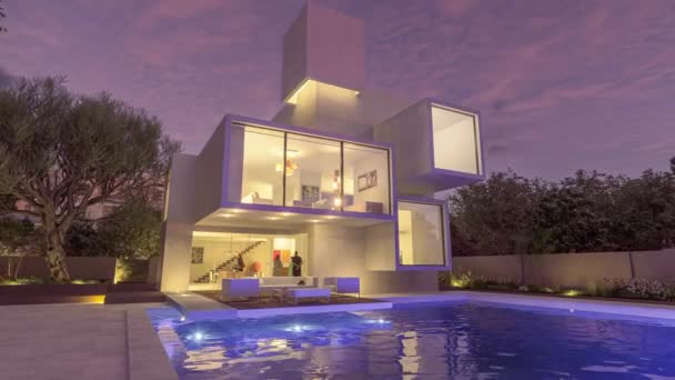 夕暮れの庭とプールを備えた印象的な現代的なヴィラの3Dアニメーション — ストック動画