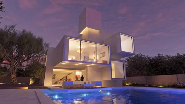Rendering Modern Luxurious House Pool Twilight lizenzfreie Stockfotos