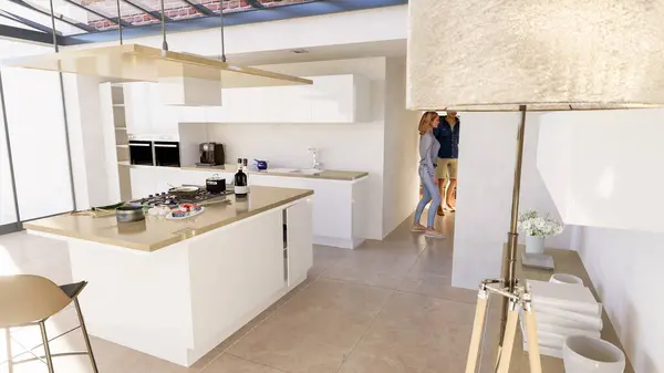 Sanayi Stili Tavan Pencereli Açık Bir Mutfak Telifsiz Stok Imajlar