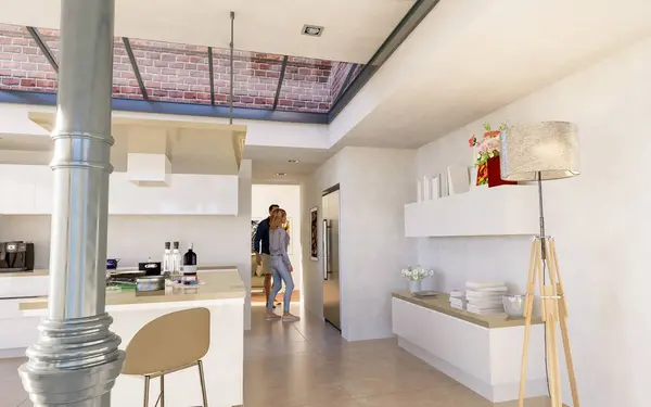 Sanayi Stili Tavan Pencereli Açık Bir Mutfak - Stok İmaj