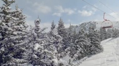 Dağların ve ağaçların tepesindeki karlı manzara. Yokuşta, kış mevsiminde, arkada Issyk Kul Gölü 'nde, Kırgızistan' da, Karakol 'da.