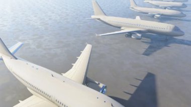 Uçuştan önce havaalanı otoparkında birkaç uçak üst üste bakım yaptırmış. Gün batımında havaalanı pistinde bir sıra uçak. 3B Hazırlama.