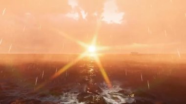 Büyük tüccar gemileriyle fırtınalı deniz manzarası. Fırtınalı denizde dramatik günbatımına karşı gemiler. Gökyüzü, turuncu tonlarda bulutların dramatik bir görüntüsüdür. Açık denizlerdeki teknelerin havadan görünüşü. 3 Boyutlu Hazırlama.