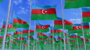 Azerbaycan ulusal bayrağı gökyüzünde sallanan kumaş kumaşı. Azerbaycan 'ın canlı mavi, kırmızı ve yeşil üç renkli bayrağı hafif bulut oluşumlarıyla mavi gökyüzüne hafifçe sallanıyor. 3 Boyutlu Hazırlama.