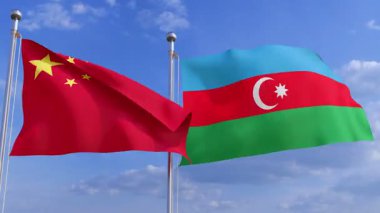 Çin ve Azerbaycan Rüzgardaki bayrak direğinde iki bayrak. 33d Asya ülkelerinin bayrakları