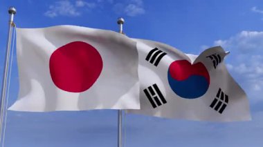Japonya ve Güney Kore bayrak direğinde iki bayrak. 33d Asya ülkesinin bayrakları