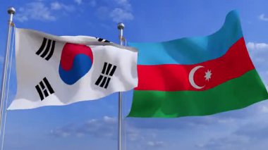 Güney Kore ve Azerbaycan Rüzgarda bayrak direğinde iki bayrak. 33d Asya ülkesinin bayrakları