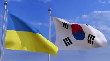 National flags of Ukraine and South Korea - concept of of help, partnership of countries, political and economical, protection and solidarity and military and humanitarian assistance. 3d rendering.