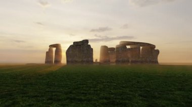 Sunset at the Stonehenge, United Kingdom. Digital render.Prehistoric megalithic monument Stonehenge. Beautiful panorama of Stonehenge early morning. Sunrise glow seen on the historical landmark.