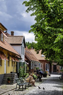AHUS, SWEDEN - 21 Temmuz 2023: İsveç 'in güney bölgesindeki batı kıyısındaki kasabadan sokak manzarası.