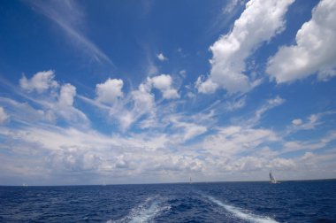 yelken bir catemaran. mavi su ve doğa ile.