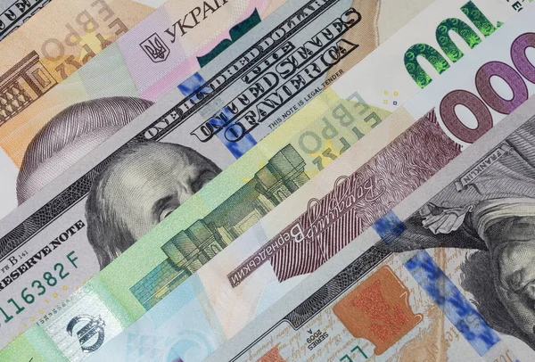 Обмен Валюты Закрытие Нескольких Украинских Гривен Банкнот Евро Долларов Сша — стоковое фото