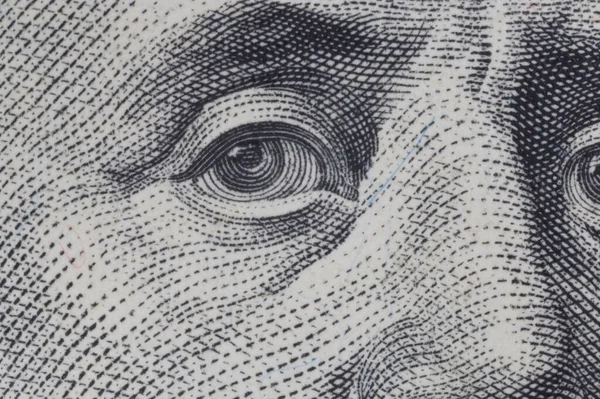 Nahaufnahme Des Auges Von Benjamin Franklin Auf Einem Hundert Dollar — Stockfoto