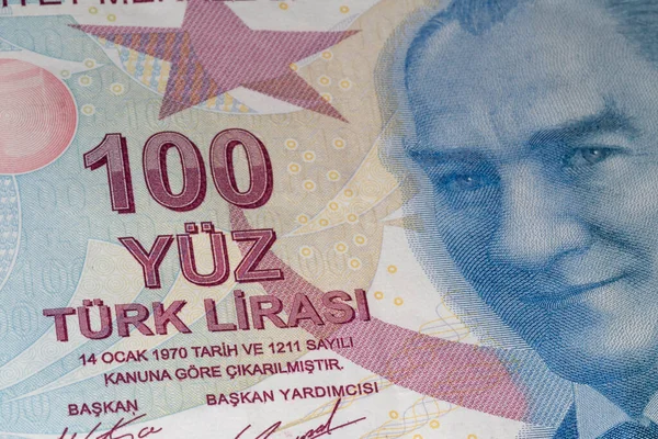 Närbild Ett Hundra Turkiska Lira Sedel — Stockfoto