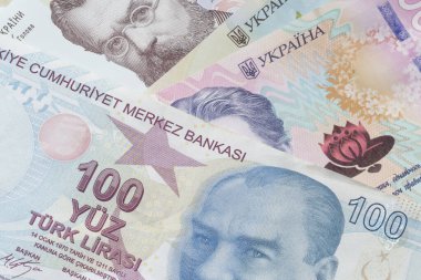 Ukrayna Hrivnya banknotları üzerinde duran 100 Tukish lira banknotunu kapat
