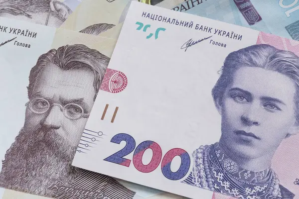 Close Several Ukrainian Hrivnya Banknotes — Stok fotoğraf
