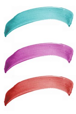 turkuaz, mor ve kırmızı suluboya vuruşları beyaz arkaplanda izole edilmiş.