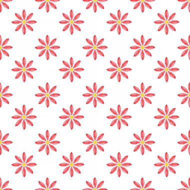 Beyaz arkaplan üzerinde sarı çiçekler bulunan kırmızıdan yapılmış soyut ve pürüzsüz bir desen.