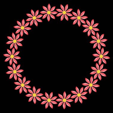 Kırmızıdan yapılmış yuvarlak çerçeve ve siyah arkaplan üzerinde sarı çiçekler.