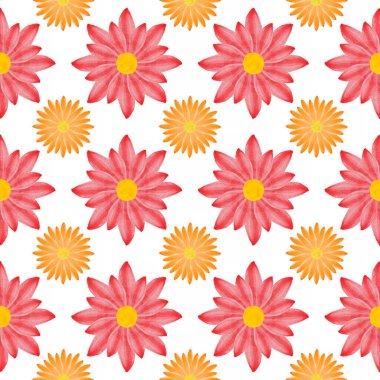 Beyaz arkaplan üzerinde kırmızı ve turuncu çiçeklerden oluşan soyut ve pürüzsüz desen