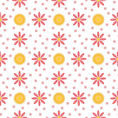 Soyut dikişsiz desen: büyük turuncu ve kırmızı çiçekler ve beyaz arkaplan üzerinde küçük kırmızı çiçekler