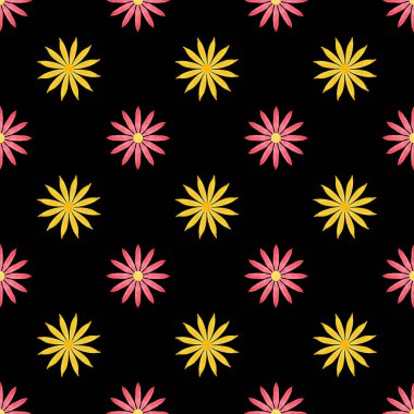 soyut, pürüzsüz desen: siyah arkaplana karşı kırmızı ve sarı çiçekler