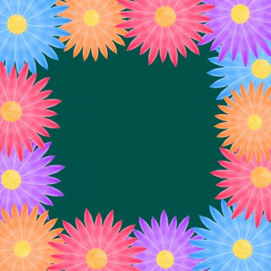 yeşil arka planda renkli çiçeklerle parlak kare çerçeve