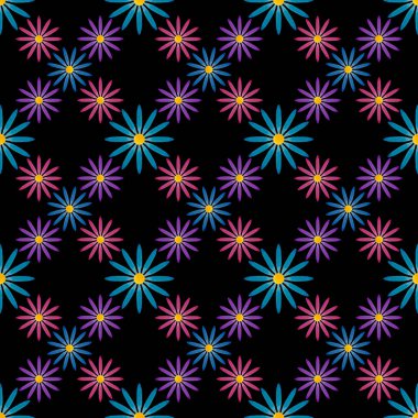 soyut, pürüzsüz desen: siyah arkaplana karşı mavi, mor ve mor çiçekler