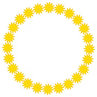 Beyaz arkaplanda sarı çiçeklerden yapılmış yuvarlak çerçeve