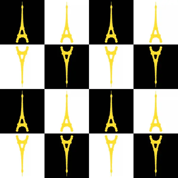 stock image abstract seamless pattern: Eiffel tower made ofyellow flowers against  black and white squares background