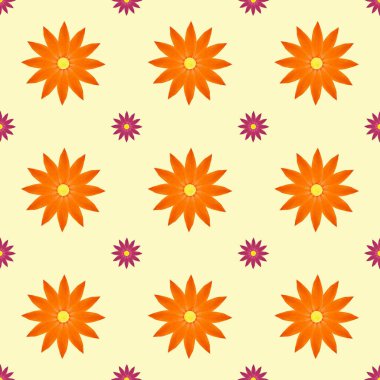 soyut, pürüzsüz desen: açık sarı arkaplana karşı büyük turuncu ve küçük mor çiçekler