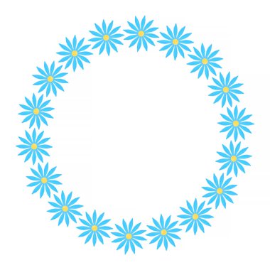 yuvarlak çerçeve mavi ve sarı çiçekler beyaz arkaplanda