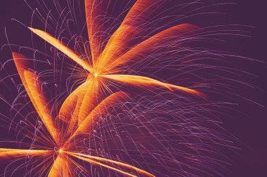 soyut tatil kartı arkaplanı: koyu mor gece gökyüzünde parlak havai fişekler