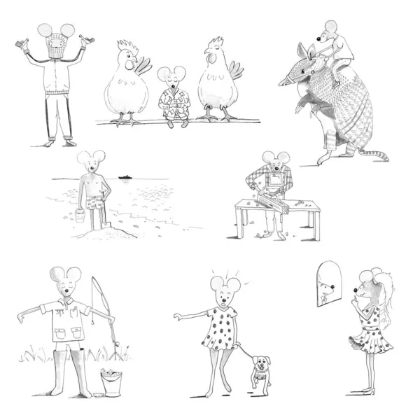 Muitos Desenhos Animados Engraçados Ratos Parte Desenhados Com Tinta Isolada — Fotografia de Stock