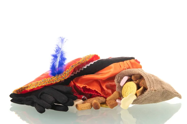Ολλανδική Τσάντα Γιούτα Sinterklaas Pepernoten Και Καπέλο Από Μαύρο Piet — Φωτογραφία Αρχείου